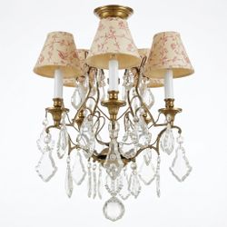 ​Vintage French Brass & Cut Crystal Chandelier with Floral Toile Shades