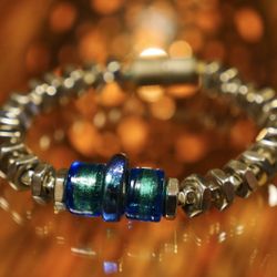 Women’s  7.25” Bracelet, Dichroic Glass & Metal Bead ‘Mad-Max Inspired’ Steampunk