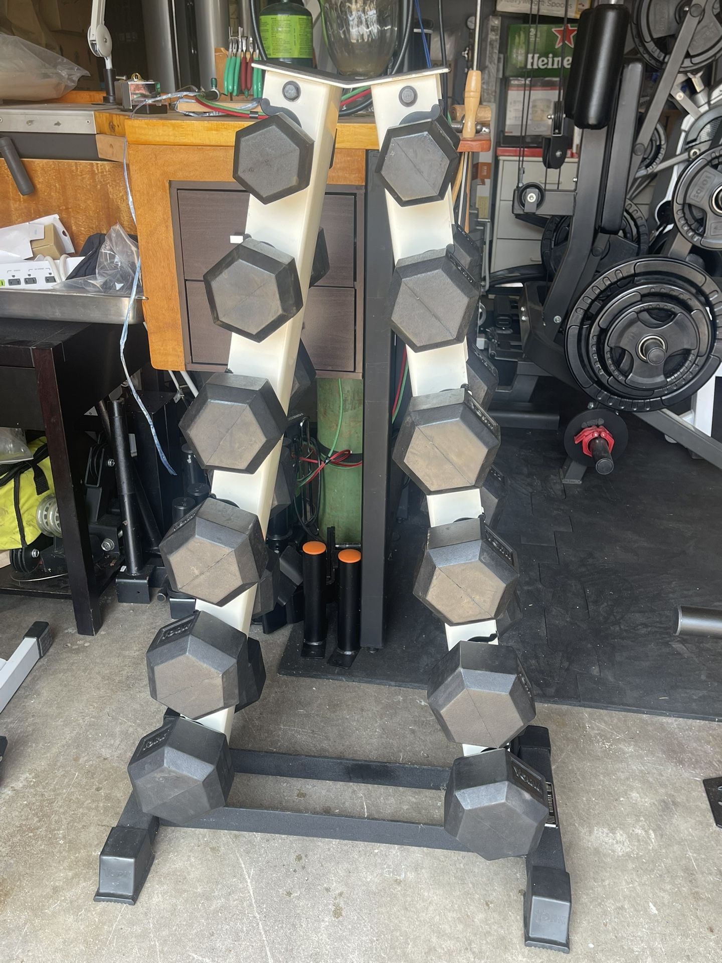 York rubber dumbbells with rack