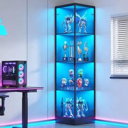 Corner Display Cabinet with Doors, 4-Tier, 3 Color Light, Black Curio Cabinet, Display Case for Collectibles, Storage Cabinets with Door, Bookcase wit