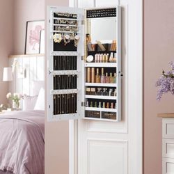 Mirror Jewelry Cabinet Armoire Organizer, Wall or Door Mount Storage Cabinet with Full-Length Frameless Lighted Mirror, Built-in Ma