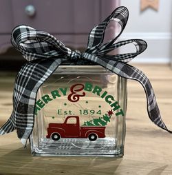 Glass square block with lights(Merry & Bright)		