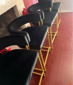 Set of 3, Black Velvet Bar Stools Gold Legs