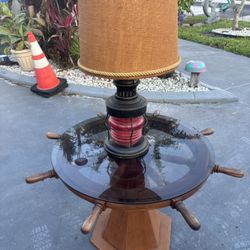 Ships Wheel Table With Nautical Lamp
