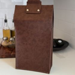 Brown Faux Leather Double Wine Bottle Tote – Stainless Steel Handle