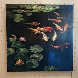 Large 35"x35" Koi Fish Pond Canvas Wall Art - Serene Zen Decor