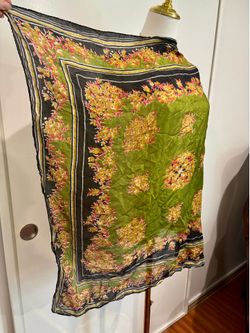 100% Silk Green Floral Scarf