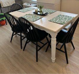 Farmhouse kitchen table, chairs, bench