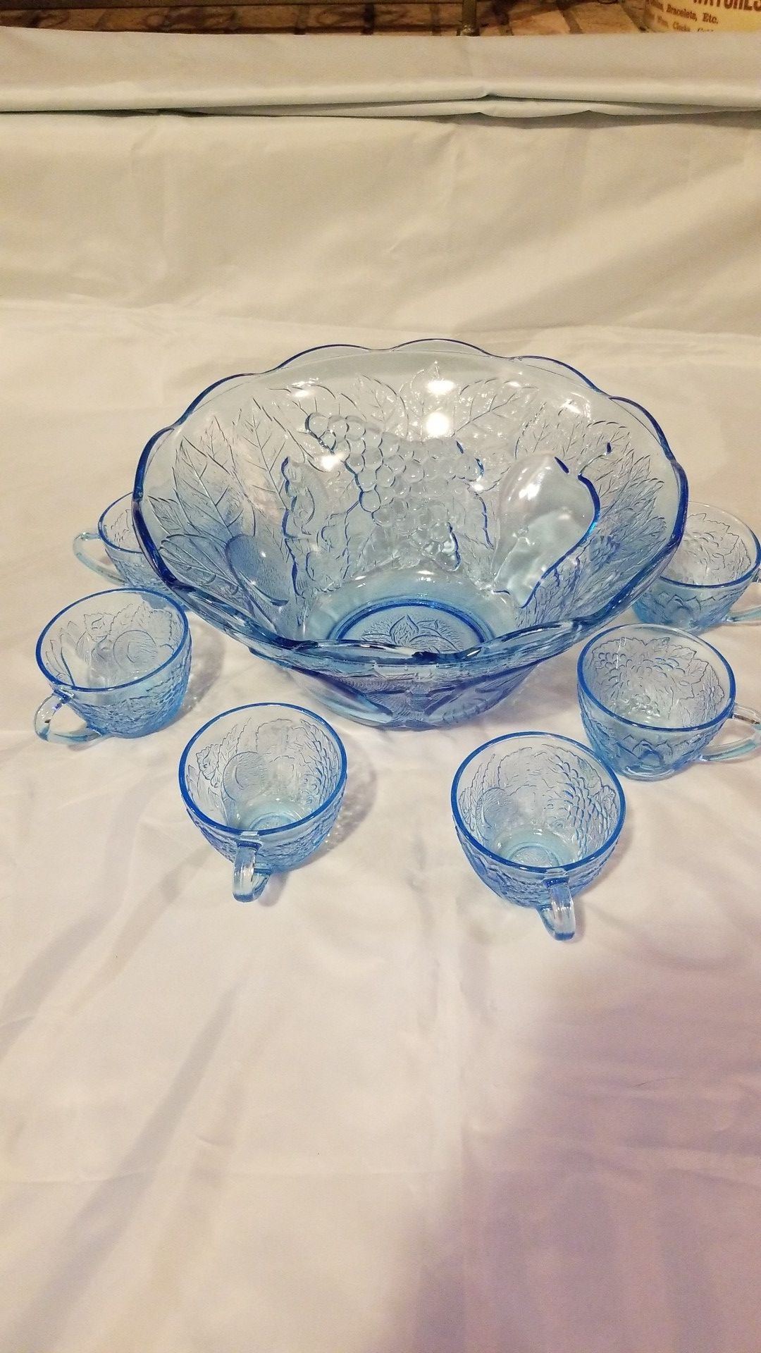 Vintage Blue Depression Glass Punch Bowl Set