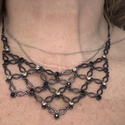 Black and silver beaded necklace with rhinestones 