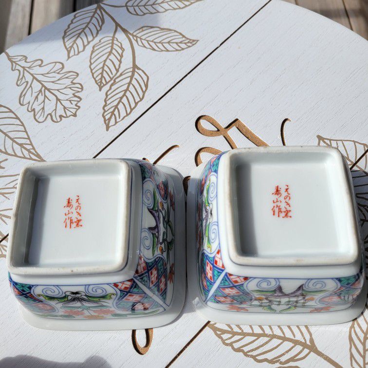 2 Chinese Square Foot Porcelain Bowl Pottery Dish Vintage Signed