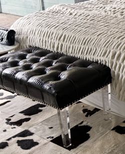 Odette Modern Button Tufted Black Croc PU Leather Acrylic Ottoman Bench
