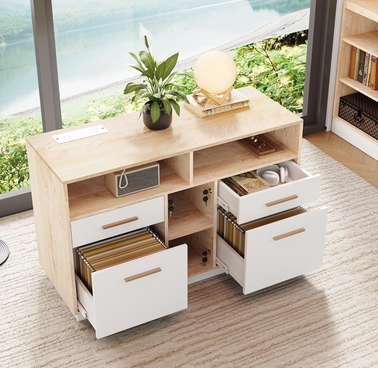 Modern Walnut Office File Cabinet w/ Power Outlets + USB Ports