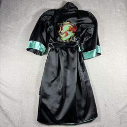 Reversible Embroidered Dragon Designs Women’s S Black Asian Kimono Robe #442