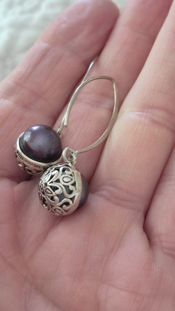 Designer COLLINS FINE STERLING SILVER GENUINE BLACK PEARLS EARRINGS
