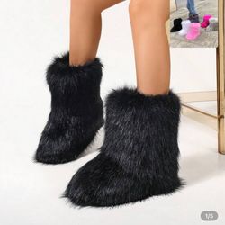 Women's Furry Faux Fur Boots Fuzzy Fluffy Mid Calf Snow Boots Suede Warm Fur Lined Booties Flat Fashion Boots Black Winter Boots For Women