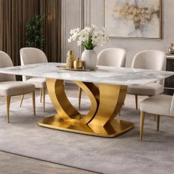 Luxury Marble Dining Table – Gold Double Loop Base – Modern Glam (TABLE ONLY)