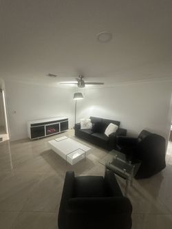 LUXURY MODERN LIVING ROOM SET — BLACK LEATHER, GLASS ACCENTS, DESIGNER FIREPLACE, HIGH-END PIECES