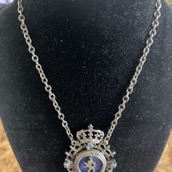 Vintage Crown Pendant Necklace Silver Tone Blue Medallion Heraldic Style Statement Jewelry