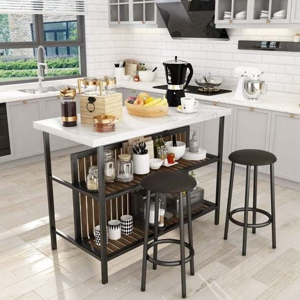 3 Piece Dining Table Set, Faux Marble Dining Room Table Set with 2 Tier Storage Shelves, Bar Table Set with Bar Stools, Sturdy Kitchen Island with Sto
