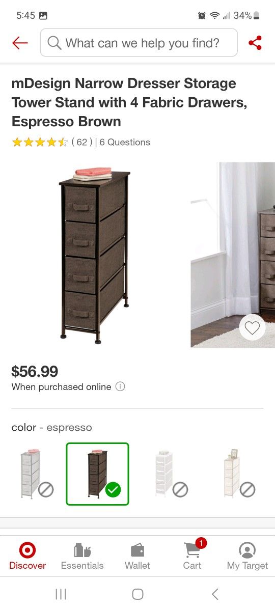 Narrow Dresser Storage
Tower Stand with 4 Fabric Drawers
Espresso Brown