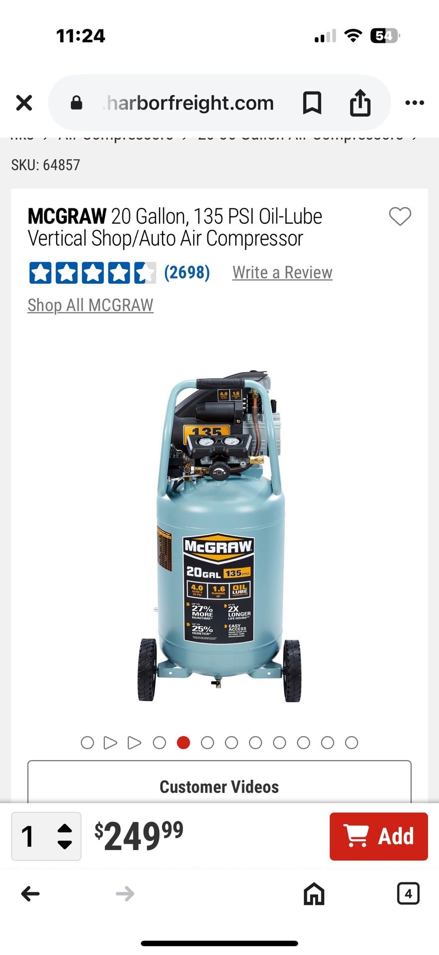Brand New McGRAW 20 Gallon, 135 PSI Oil-Lube Vertical Air Compressor - Never Used!