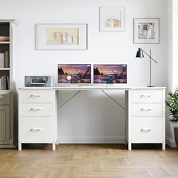 63 Inch Office Desk with 6 Fabric Drawers, Large Computer Desk for Home Office with Hidden Storage Shelves, White