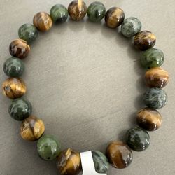 New, Men’s Jade And Tiger Eye Stone Bracelet. Jewelry Bag And Meanings Included.