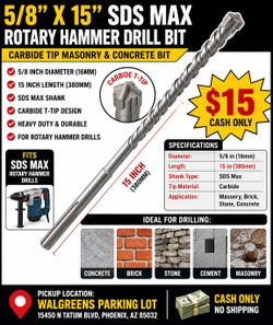 New 5/8" x 15" SDS Max Rotary Hammer Drill Bit – Carbide Tip Masonry Concrete Bit