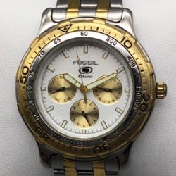 Fossil Watch Men 40mm Silver Gold Two Tone BQ-8790 Day Date New Battery 7.75"