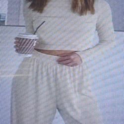 New Women's Small Cream Solid Casual two-piece Set