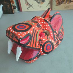 Vintage Guatemalan Folk Art Carved Wood Jaguar Mask Hand Painted Mayan Tigre