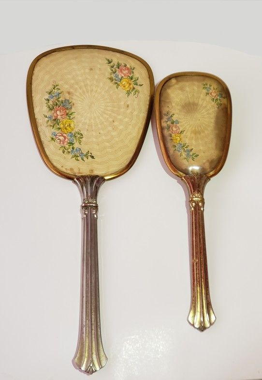 Vintage Vanity Dresser Set 2 Piece Gold Tone Brush & Mirror Victorian Style. Antique, Collectible.