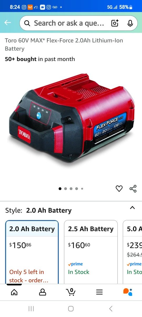 TORO  FLEX FORCE 60v  2.0AH BATTERY 