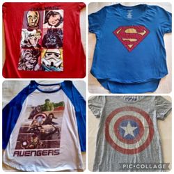 Lot of 4 Girls Jr Superhero Shirts Marvel, DC, Star Wars - Sizes S & M