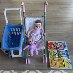 Kids Toy Bundle – Doll Stroller w/ 2 Dolls, Toy Shopping Cart & Activity Board