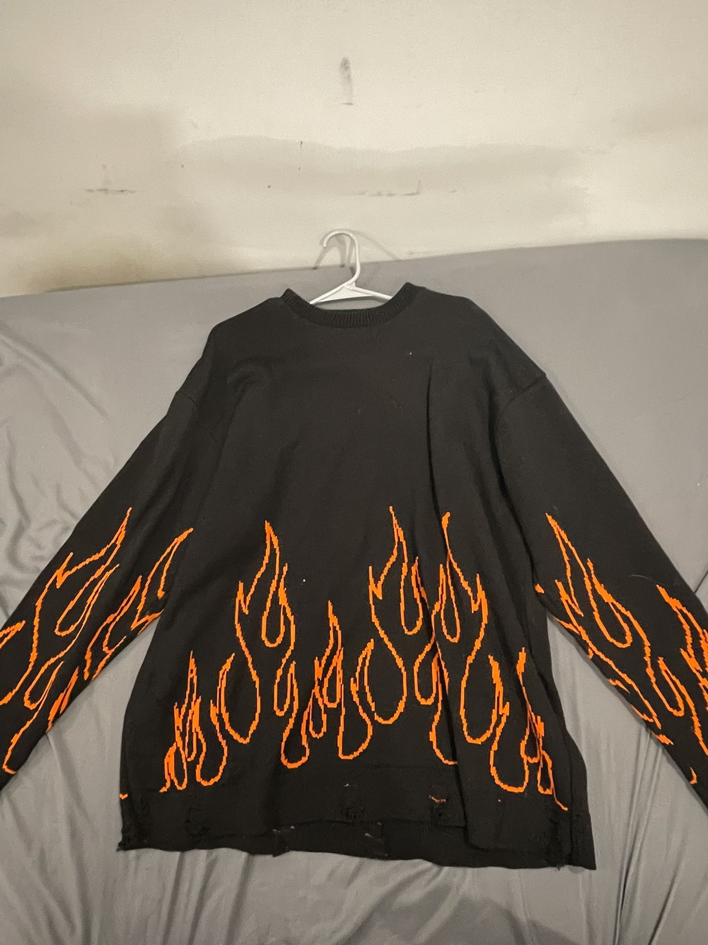 Mens Black and Orange Flame Oversized Knitted Sweater Cardigan