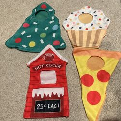 Set of 4 Elf or doll Costumes. Christmas Tree, Pizza, Cupcake, Hot Cocoa Elf Costumes.