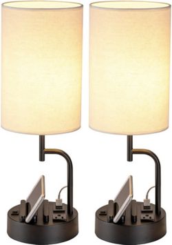 Table Lamp with 3 USB Charging Ports, AC Outlet & Phone Stands - Pack of 2