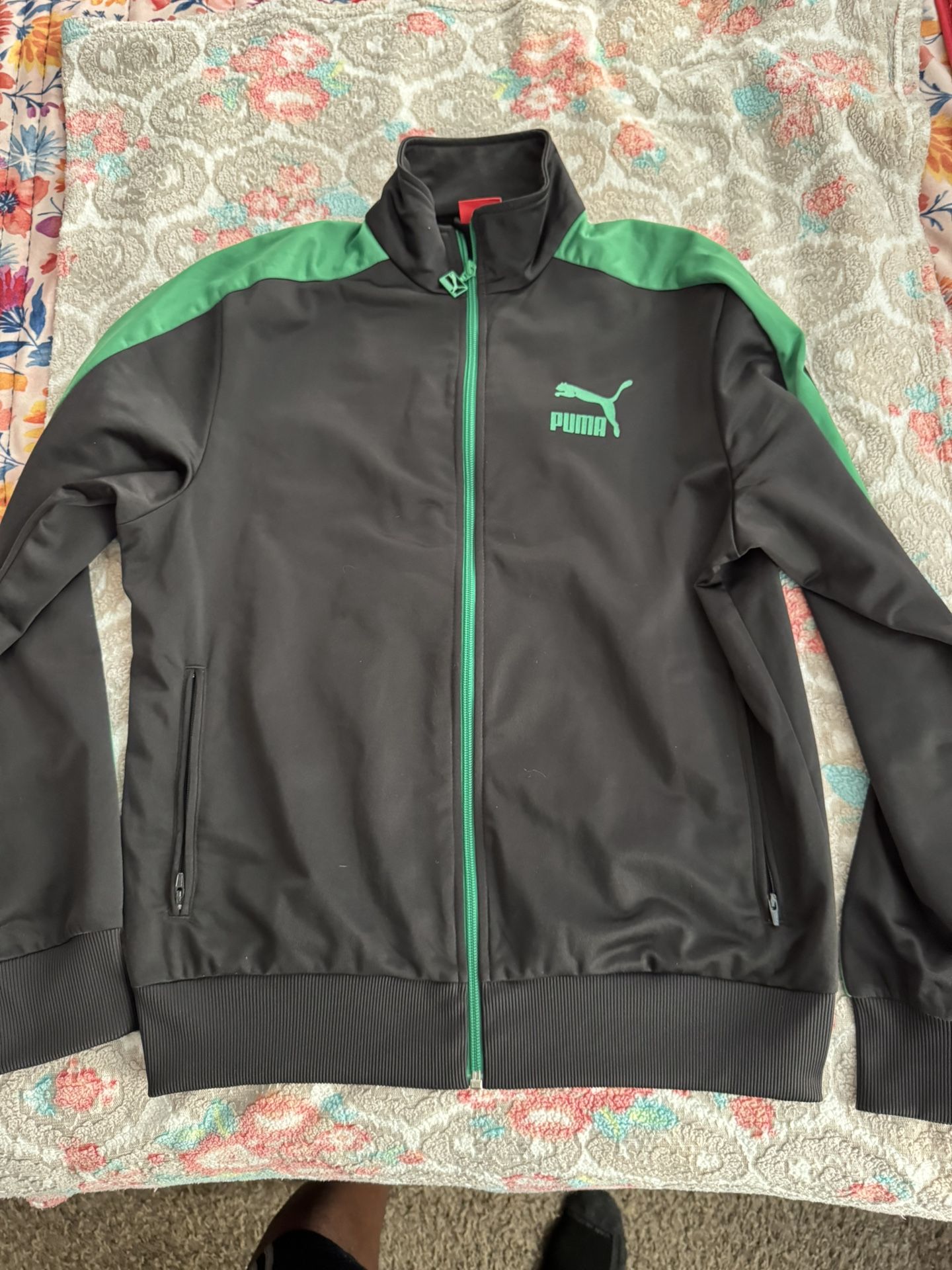 Puma Black And Green Zip-Up Track Jacket, T7 Track. Size Small