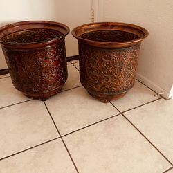 Planters  Pair Of Planters Pots Solid Brass Ornamental Decorative Vintage 