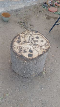 Wood Table Stump With Burned Faces 