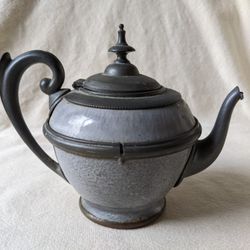 Small Grey Graniteware Pewter-Trimmed Teapot Enamel Ware