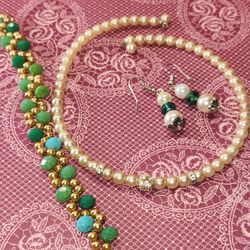 #1888, LOT VINTAGE PEARLS SET, EARRINGS, CHOQUER & BRACELET
