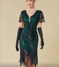 1920s Flapper Costume Set - Sequined Beaded Fringe Dress with Accessories