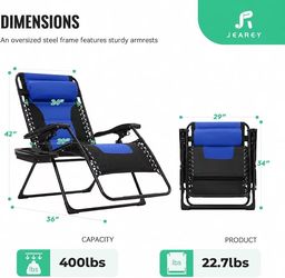 😀 JEAREY Zero Gravity Chair, Oversized Padded Recliner - Black/Blue 400 lbs Capacity, 24" Wide Padded Seat, 90–170° Locking Recline, Foldable Steel F