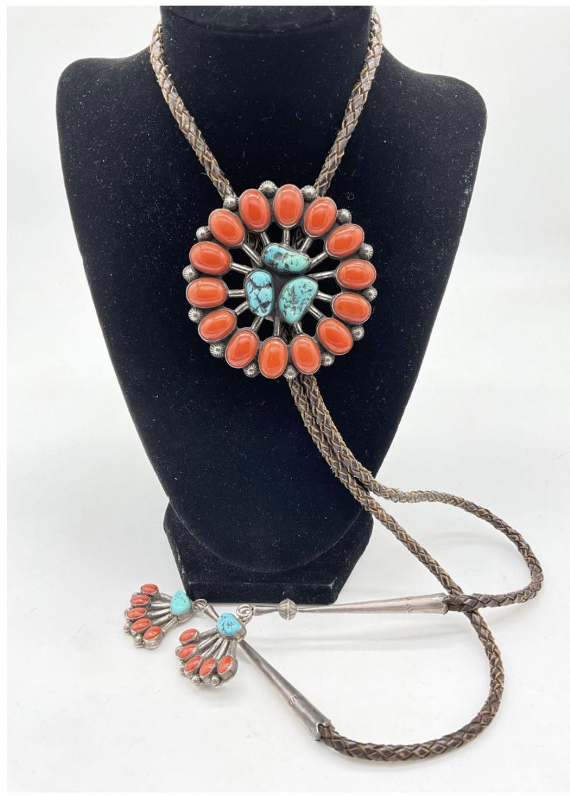 Lovely heavy sterling silver Native American Bolo tie w/ coral & Kingsman turquoise setting & tips