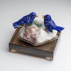 GENUINE POLISHED HAND CARVED LAPIS FINCHES ON A WATERMELON TOURMALINE IN ALBITE MATRIX (3"H)