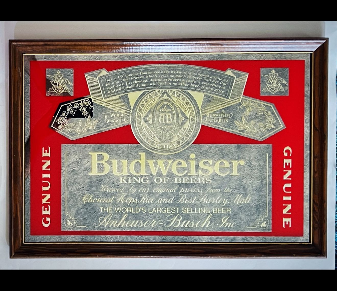 Vintage Framed Budweiser Advertising Mirror Man Cave Decor