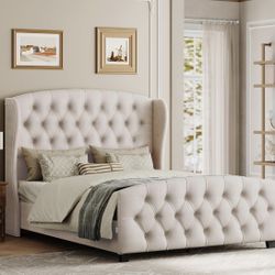 VASAGLE Queen Bed Frame with a tall, wingback headboard and tufted upholstery. 